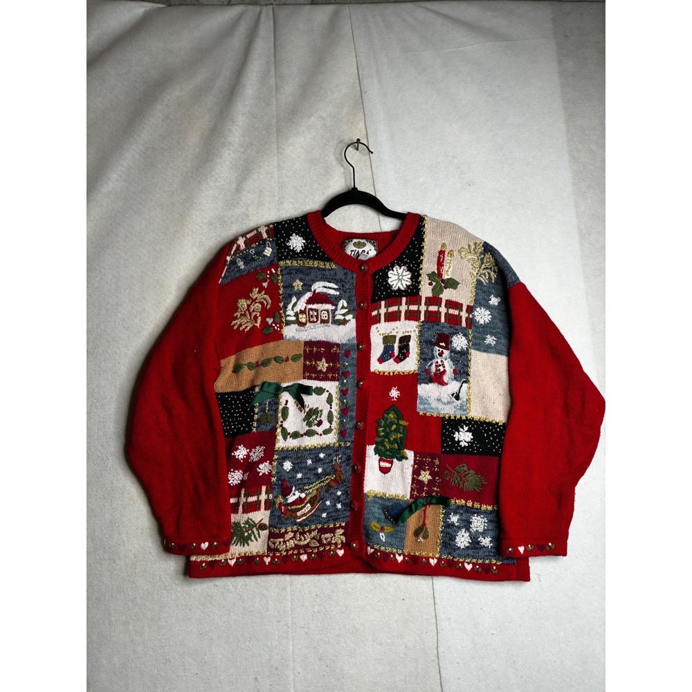 Tiara‎ International Vintage Christmas Cardigan Sweater XL Red Patchwork Ugly XL